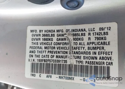 2012 Honda Civic Lx z USA, uszkodzony, nr VIN 19XFB2F57CE091735